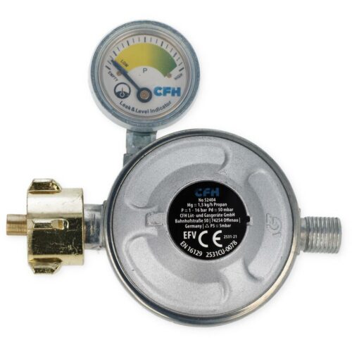 CFH Gasdruckregler mit Manometer, Füllstandsanzeige & Strömungswächter, 50mbar, 1,5 kg/h (Einsatz: Camping)