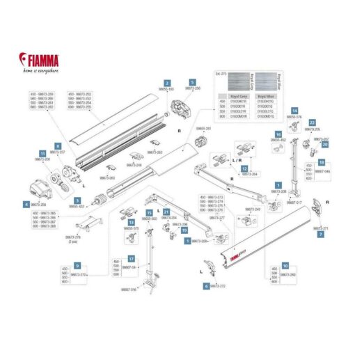 Gelenkarm rechts für Markisenlänge 450-600cm - Fiamma Ersatzteil-Nr. 98673-269 - passend für F80L
