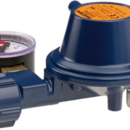 GOK Niederdruckregler für Marine, 50mbar, 90° Abgang, mit Manometer