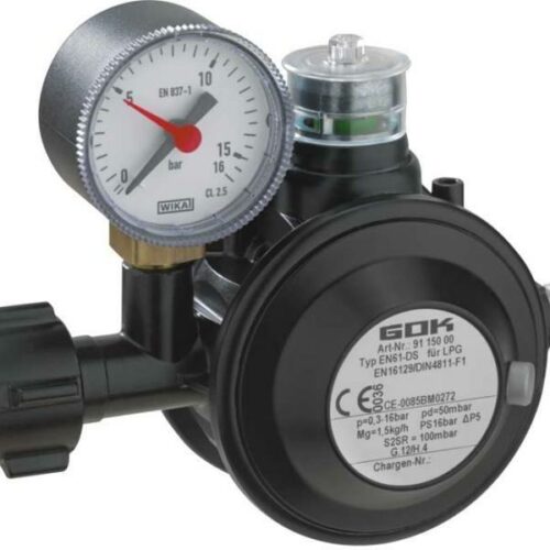 GOK Sicherheitsregler mit Manometer u. Sichtanzeige, 50mbar, 1,5kg/h (Einsatz: Camping)