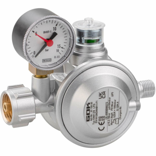 GOK Sicherheitsregler mit Manometer u. Sichtanzeige, 29mbar, 1,5kg/h (Einsatz: Camping)