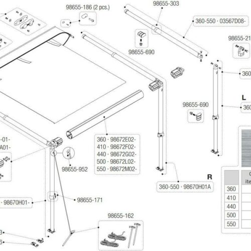 Spannarm + Stützfuß links - Fiamma Ersatzteil Nr. 98670H01 - für Caravanstore XL 360-550cm
