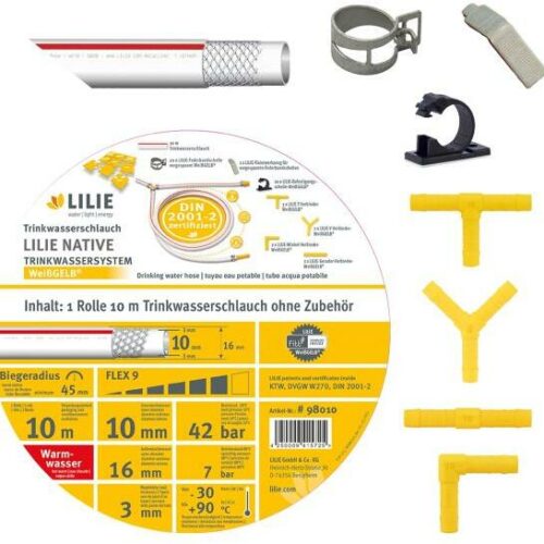 Lilie Native Trinkwasserschlauch mit Zubehör, 10m, Warmwasser