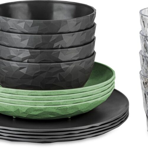 Koziol Club Göteborg Geschirrset, 16-teilig, nature ash grey / nature leaf green - Camping Wagner Edition