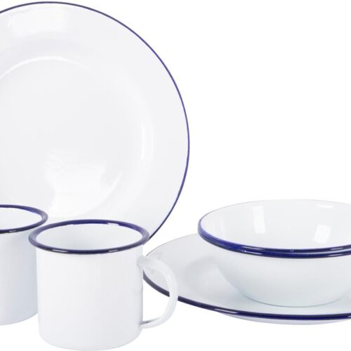 Bo-Camp Emaille Geschirr-Set, 6-teilig, weiß/blau