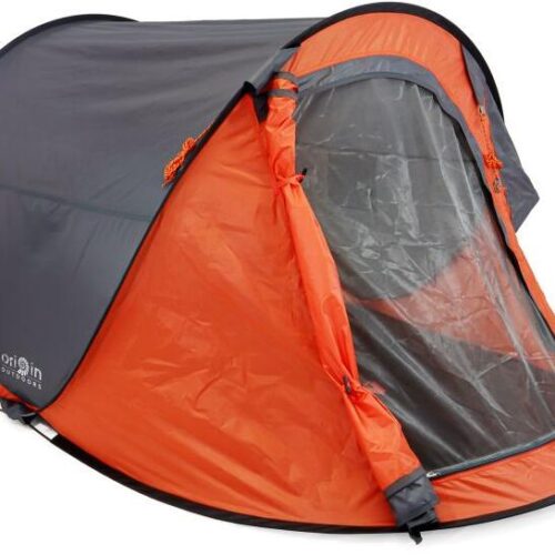 Origin Outdoors Quicksembly Pop Up Zelt, 2 Personen, Moskitonetztür, Fenster, grau/orange