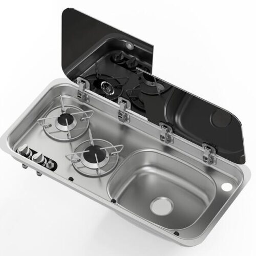 Carbest Kocher-Spülen Kombination mit 2-teiliger Glasabdeckung, 2-flammig, Spüle rechts