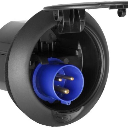 CEE-Eingangssteckdose, 230V, mit Kappdeckel, Ø 143mm, IP44, schwarz matt