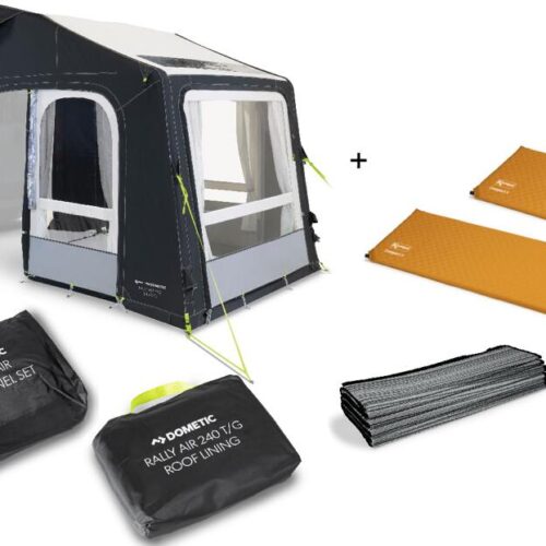 Dometic Rally AIR Pro 240 TG Driveaway-Heckzelt, 240x260cm inklusive Innenhimmel, Vorzeltteppich, AIR Mesh Panel Set und 2x Compact Matratze - Camping Wagner Edition