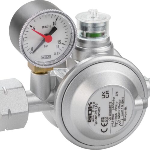 GOK Gasregler EN61-DS (Komb. A x G 1/4 LH-KN), 1,5kg/h, 29mbar, mit Manometer, gerade