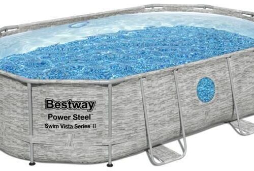 Bestway Power Steel Swim Vista Pool Komplett-Set, oval, inkl. Sandfilteranlage, grau, 488x305x107cm