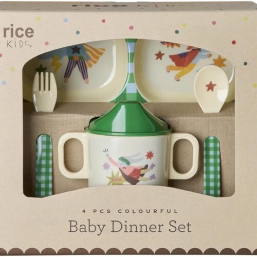 Rice Melamin Baby Dinner Set, Green Hero Print, 4 Teile