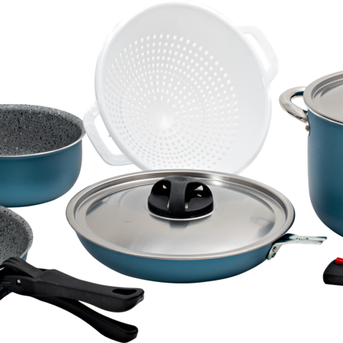 Berger Stone Topfset blau-matt aus Aluminium 8-tlg. abnehmbare Griffe - Kochgeschirr-Sets