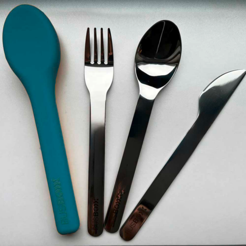 BusBoxx Besteckset 3-teilig mit elastischer Hülle bestehend aus Messer / Gabel / Löffel blau - Campingbesteck