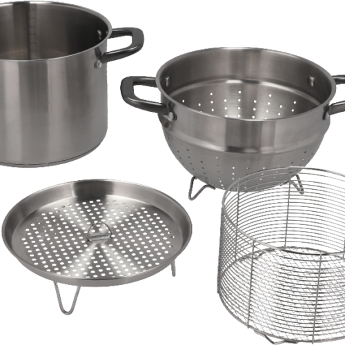 Berger Gravura Edelstahl Topfset 5-tlg. mit Sieb, Dämpfeinsatz und Frittierkorb - Camping-Töpfe