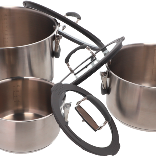 Berger Silvera Edelstahl Topfset 6-tlg. mit passenden Glasdeckeln - Camping-Töpfe