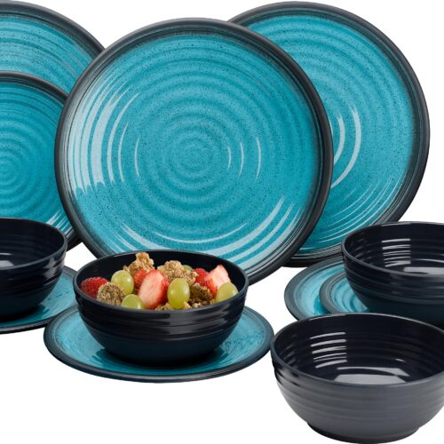 Flamefield Granite Geschirr-Set 12-tlg. aqua/schwarz für 4 Personen - Kunststoff und Melamin Geschirr-Sets