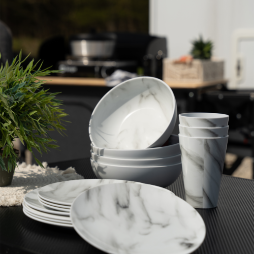 Berger Atina RPET Geschirr-Set in Marmordesign 16-tlg. für 4 Personen - Kunststoff und Melamin Geschirr-Sets
