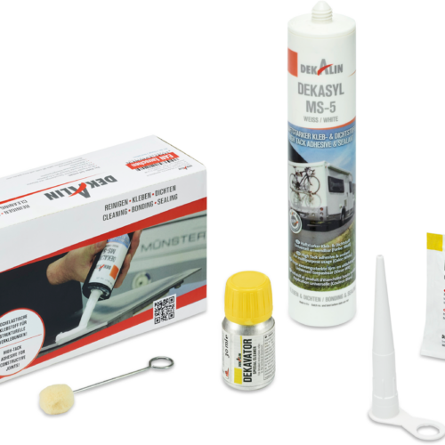 Dekalin Klebeset Schwarz für Sat-Anlagen und Solarmodule (Dekasyl MS-5, Dekavator, Reinigungstuch-Set & Wollfilz-Applikator) - Klebstoffe & Dichtmittel