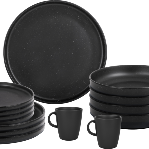 Brunner Lunch Box Odette double black Premium Melamin Geschirrset Porzellan-Touch, Antirutsch und bruchunempfindlich 16-teilig - Kunststoff und Melamin Geschirr-Sets