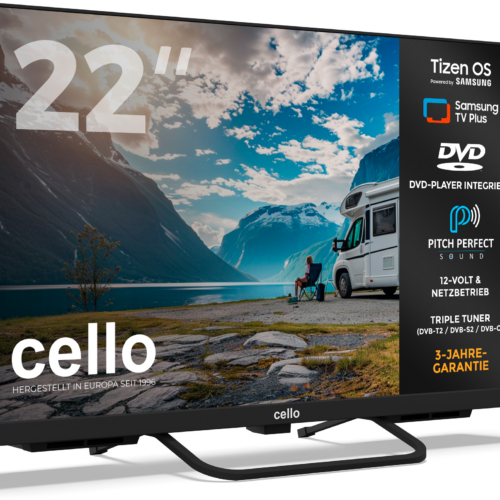 Cello CTrav-22TZF Smart Tizen OS Camping LED TV mit Triple Tuner, WLAN, Bluetooth, 12/24/230 V, 22 Zoll mit DVD Player - Fernseher