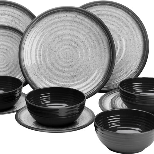 Flamefield Granite Geschirr-Set 12-tlg. grau/schwarz für 4 Personen - Kunststoff und Melamin Geschirr-Sets