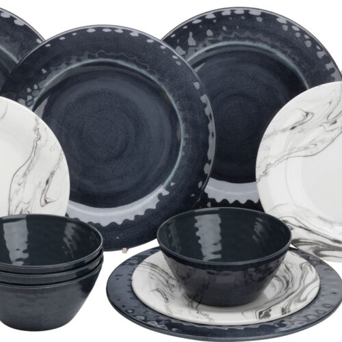 Flamefield Marble Geschirr-Set 12-tlg. für 4 Personen - Kunststoff und Melamin Geschirr-Sets