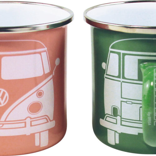 VW Collection T1 Bus Emaille Tassen Set 2 Stück 350 ml Grün / Rosa - Becher & Tassen
