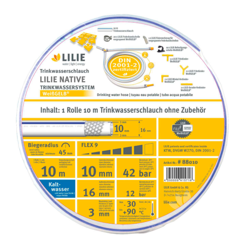 Lilie Native Trinkwasserschlauch für Kaltwasser 10x18 mm (50m Rolle) - Schlauchsysteme